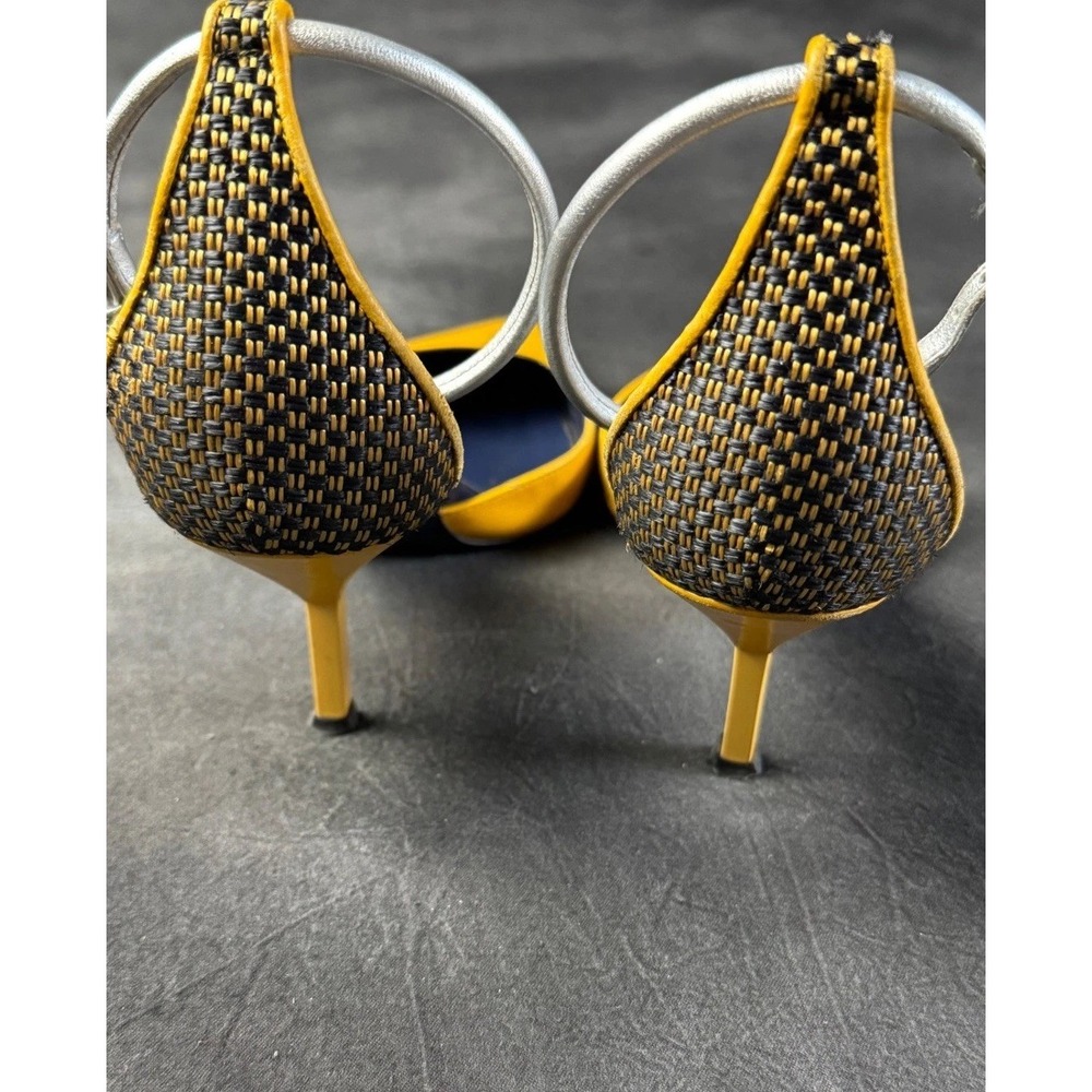 Vionnet Heels Yellow Leather Woven Raffia Pointed Toe Silver Pumps 37 US 6.5 - Picture 2 of 11